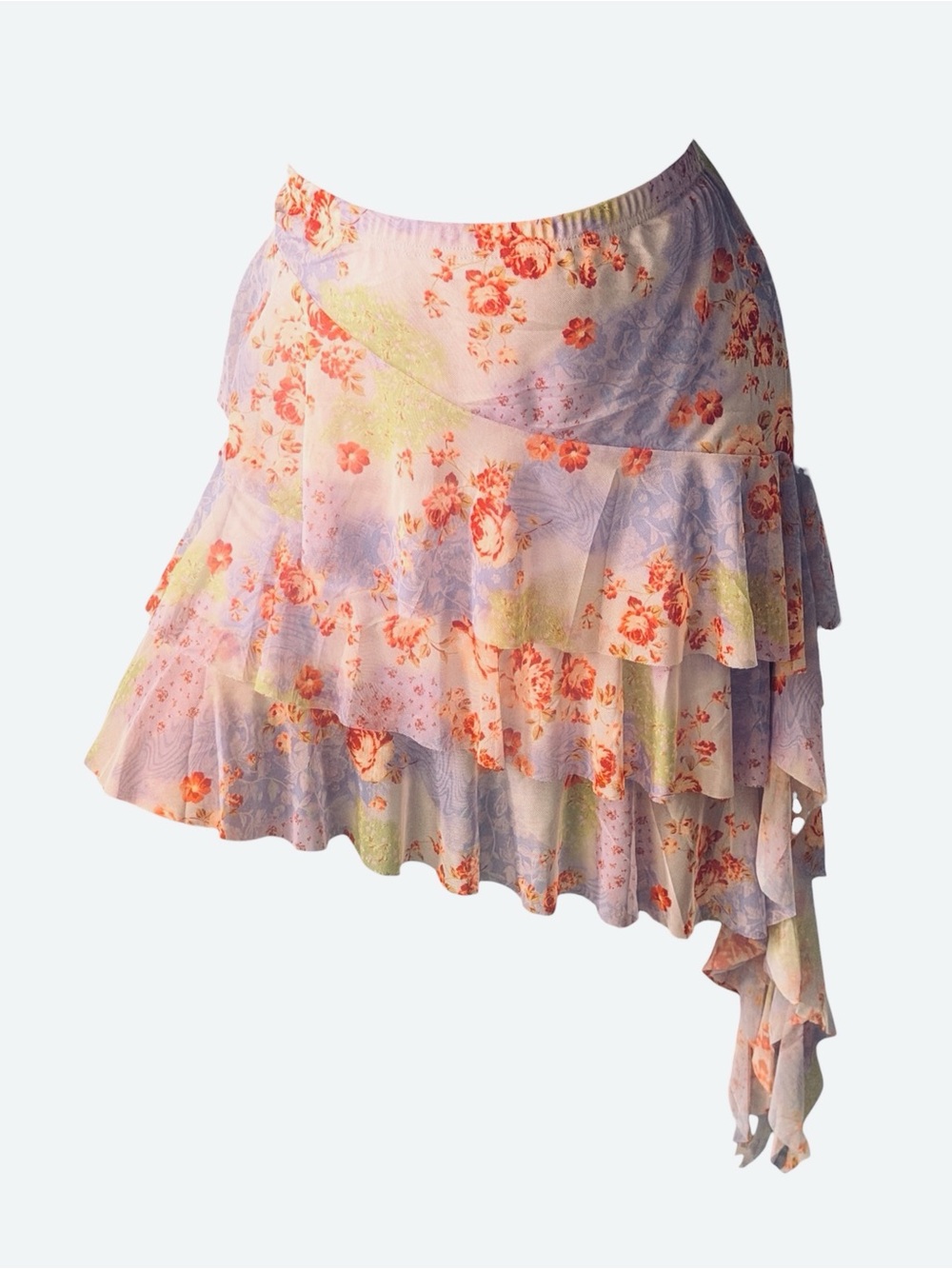 Amber Sky Floral Mesh Ruffle Asymmetrical Skirt Purple Y2K XL